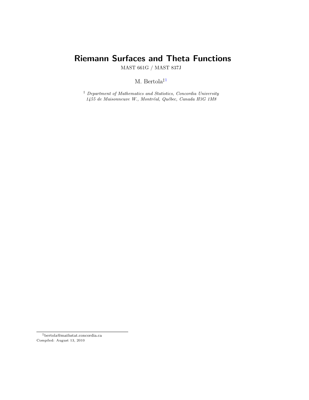 Riemann Surfaces and Theta Functions MAST 661G / MAST 837J