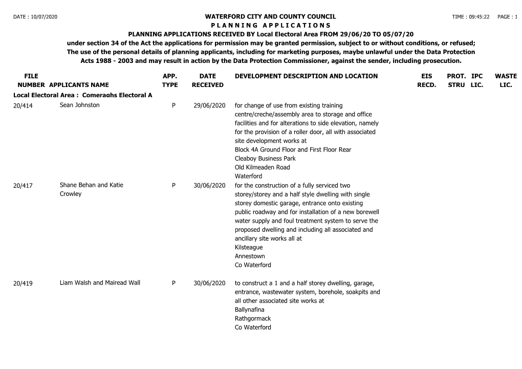 Planning Applications Received from 29-06-20 to 05-07-20