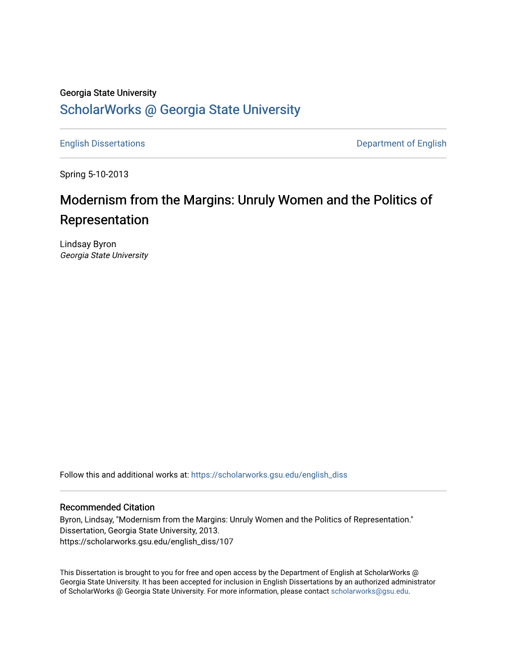 Modernism from the Margins: Unruly Women and the Politics of Representation