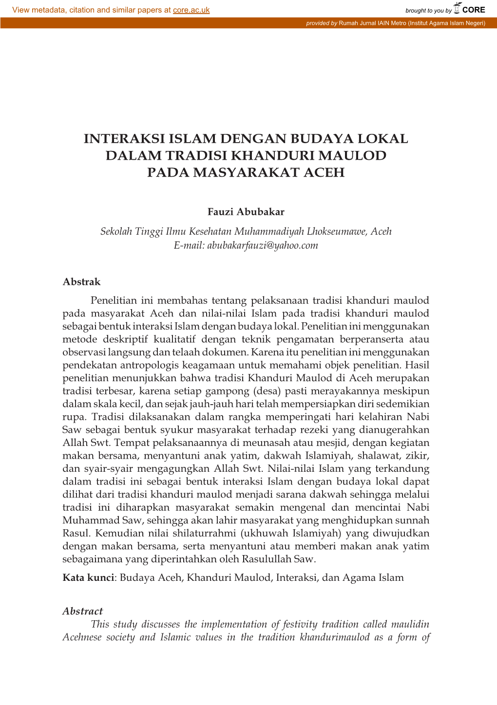 Interaksi Islam Dengan Budaya Lokal Dalam Tradisi Khanduri Maulod Pada Masyarakat Aceh