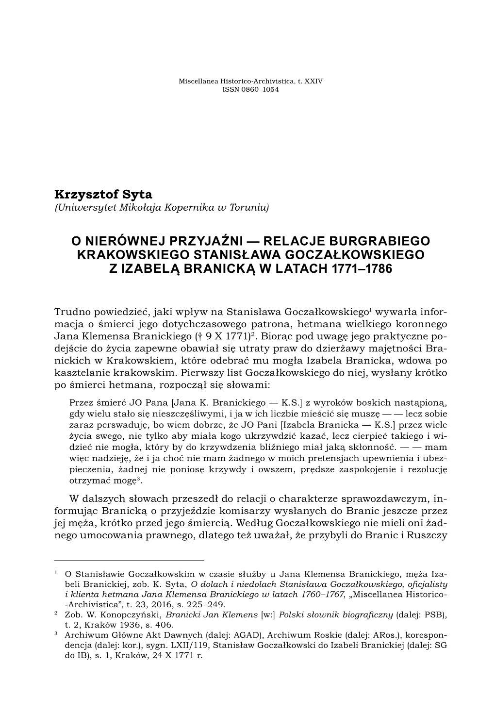 Relacje Burgrabiego Krakowskiego Stanisława Goczałkowskiego Z Izabelą Branicką W Latach 1771–1786