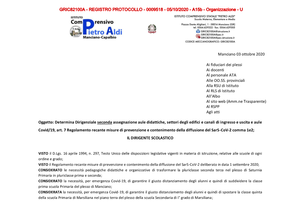 Manciano 03 Ottobre 2020 Ai Fiduciari Dei Plessi Ai Docenti Al Personale