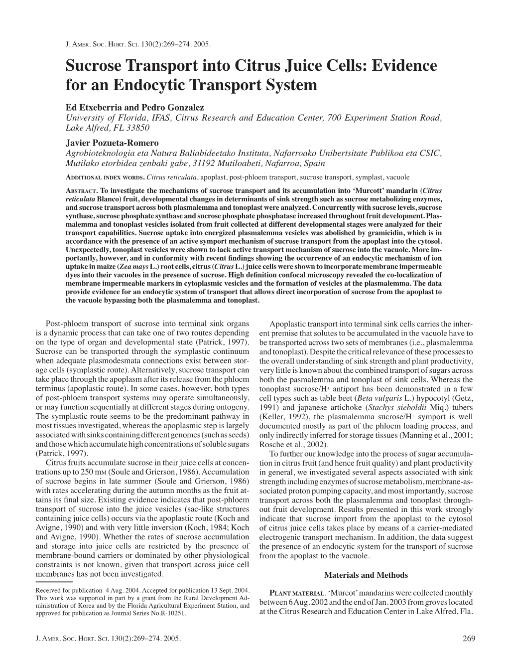 Sucrose Transport Into Citrus Juice Cells