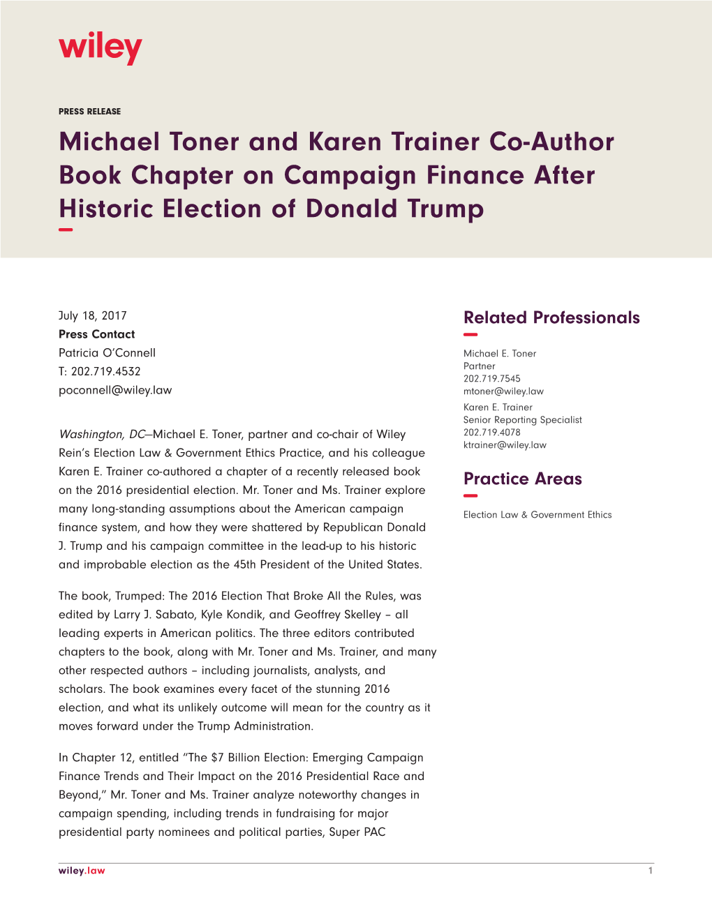 Michael Toner and Karen Trainer Co-Author Book Chapter on Campaign Finance After Historic Election of Donald Trump −