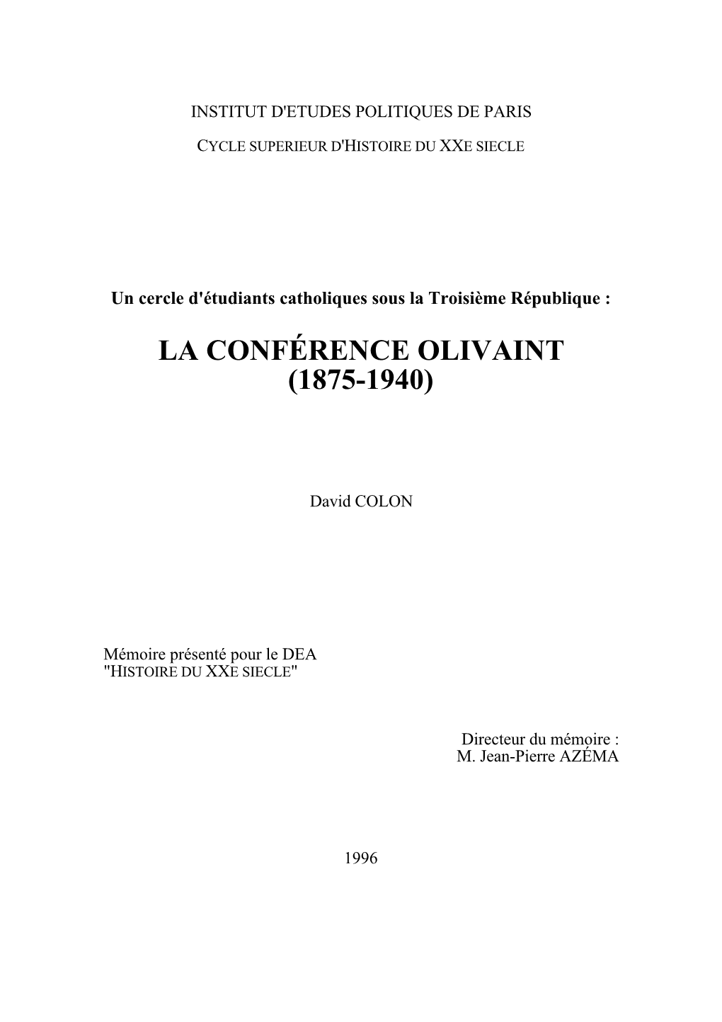 La Conférence Olivaint (1875-1940)