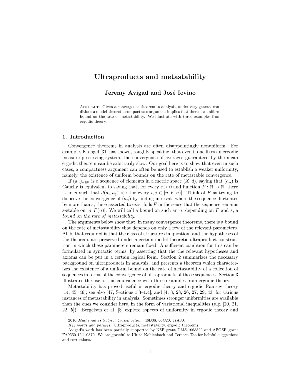 Ultraproducts and Metastability