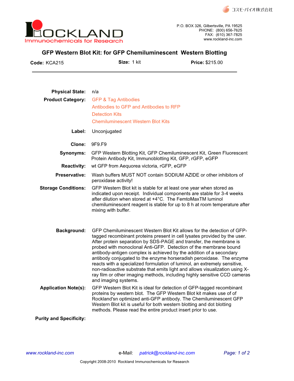 For GFP Chemiluminescent Western Blotting