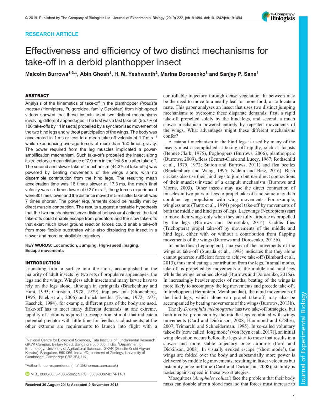 Effectiveness and Efficiency of Two Distinct Mechanisms for Take-Off in a Derbid Planthopper Insect Malcolm Burrows1,3,*, Abin Ghosh1, H