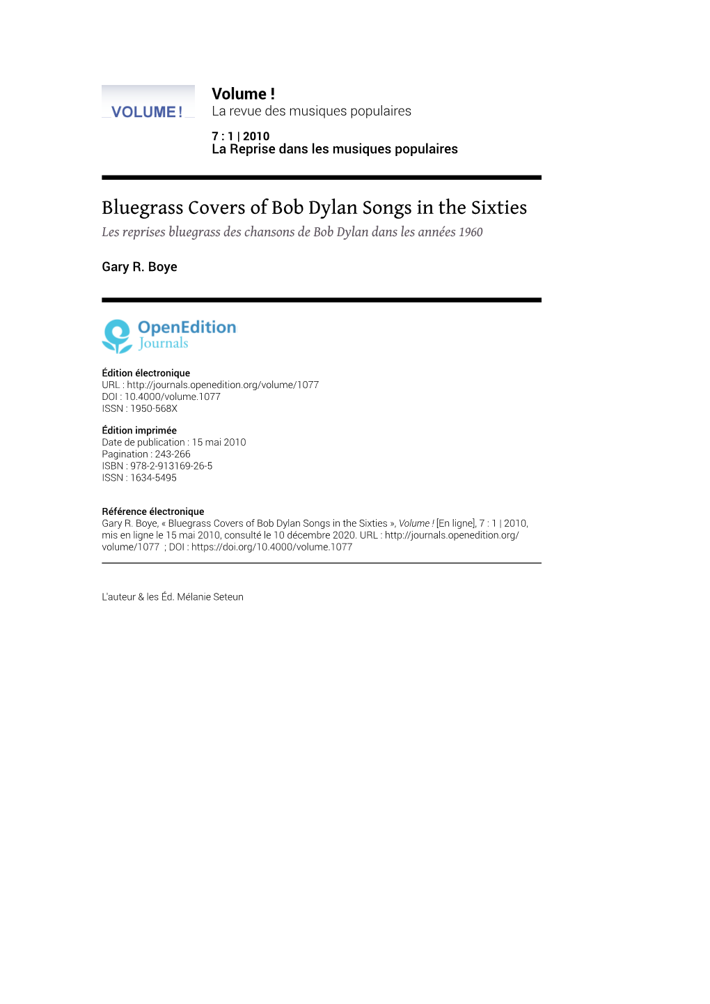 Bluegrass Covers of Bob Dylan Songs in the Sixties Les Reprises Bluegrass Des Chansons De Bob Dylan Dans Les Années 1960