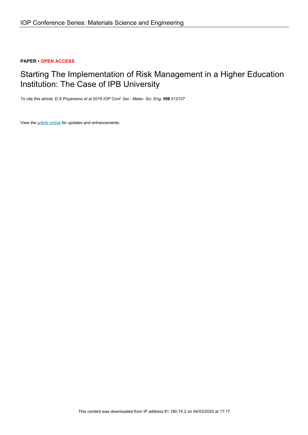 Starting the Implementation of Risk Management in a Higher Education Institution: the Case of IPB University