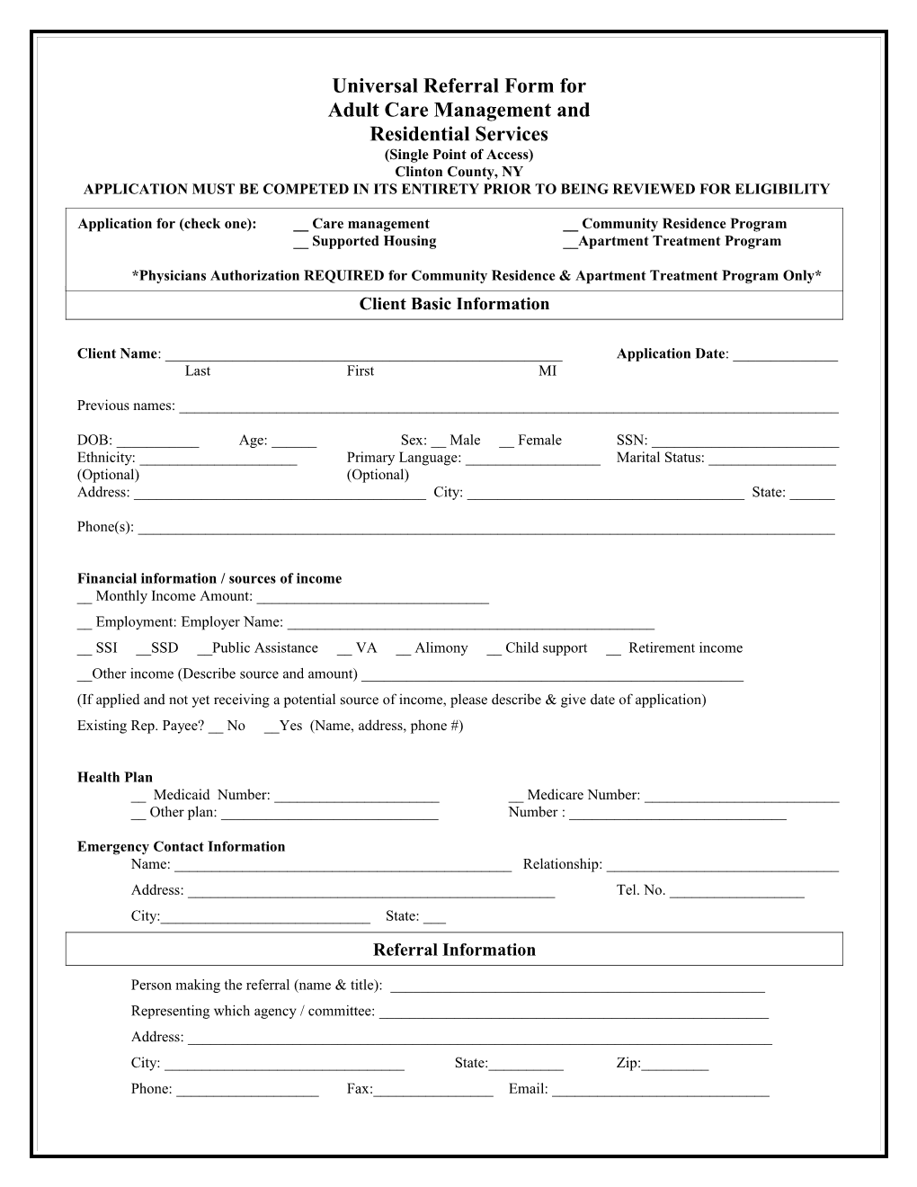 Universal Referral Form For