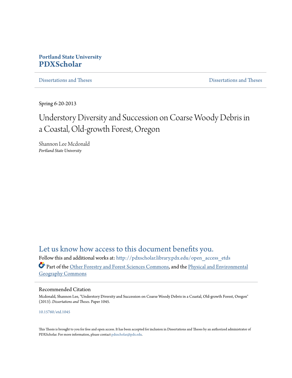 Understory Diversity and Succession on Coarse Woody Debris in a Coastal, Old-Growth Forest, Oregon