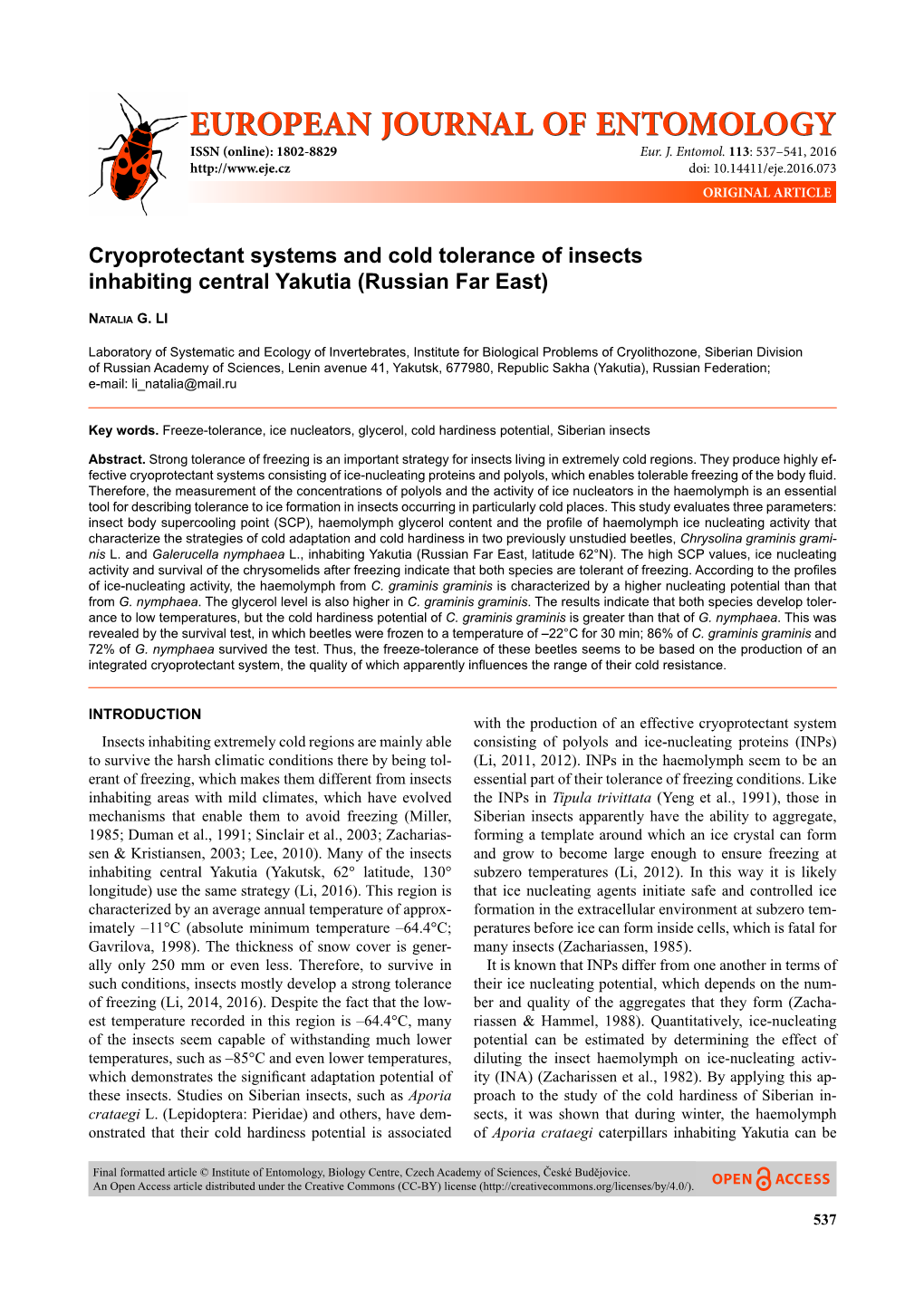 Cryoprotectant Systems and Cold Tolerance of Insects Inhabiting Central Yakutia (Russian Far East)