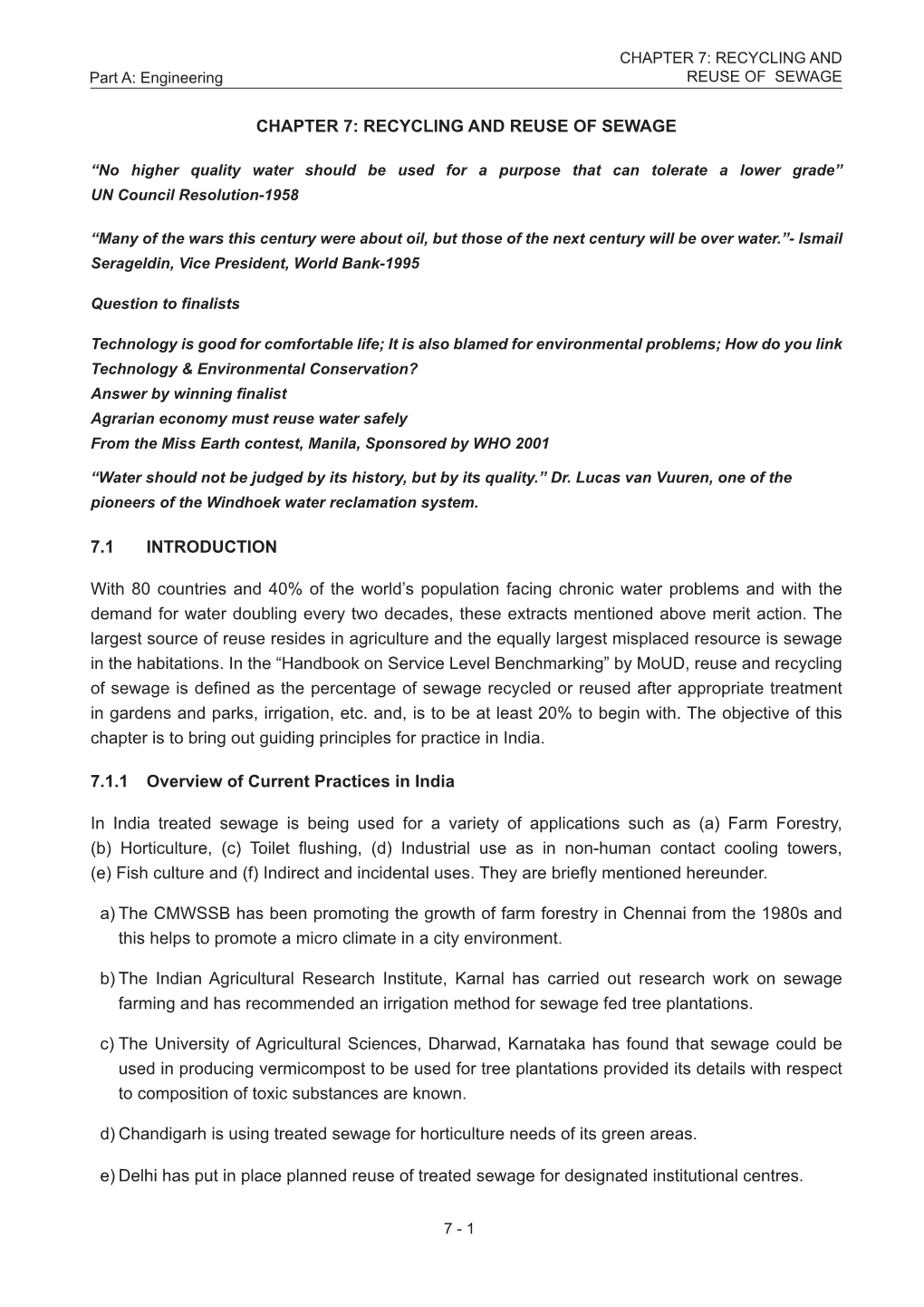 Chapter 7: Recycling and Reuse of Sewage 7.1