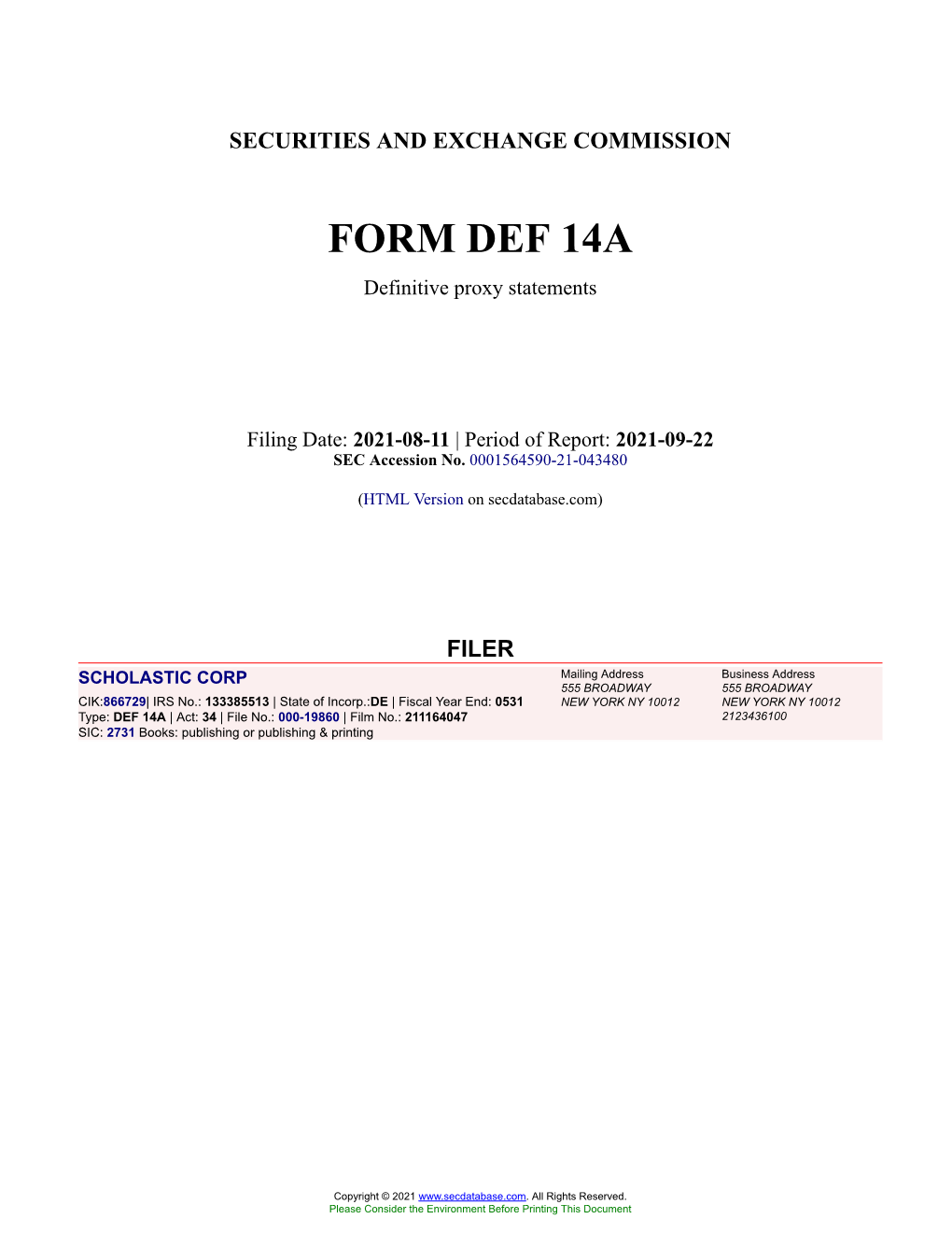 SCHOLASTIC CORP Form DEF 14A Filed 2021-08-11