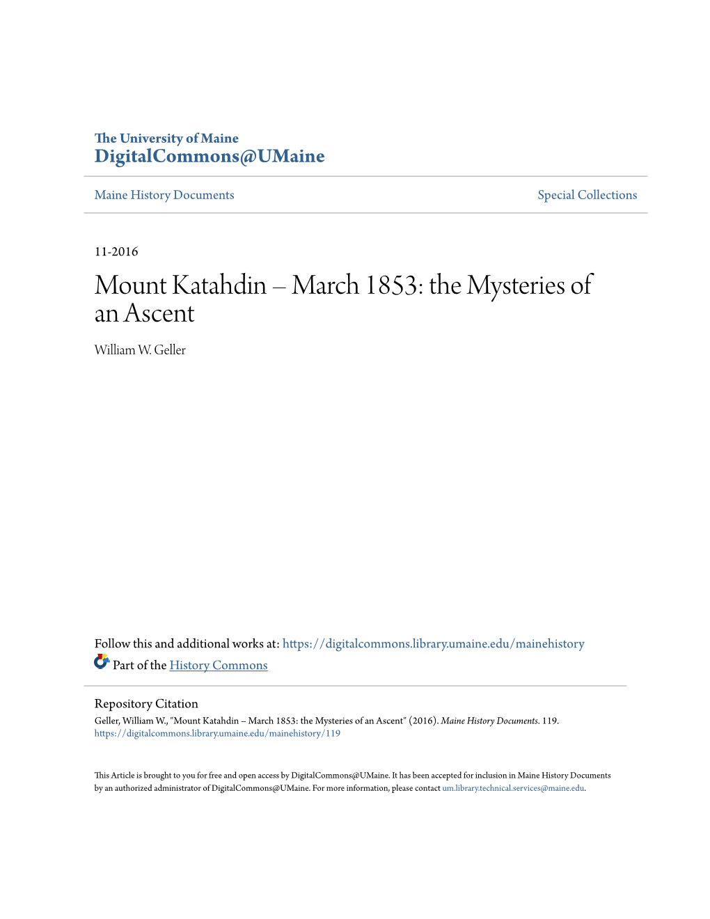 Mount Katahdin – March 1853: the Mysteries of an Ascent William W