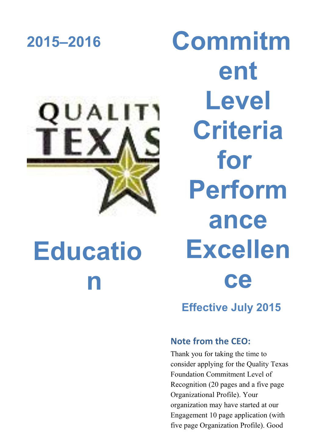 Commitment Level Criteria for Performance Excellence