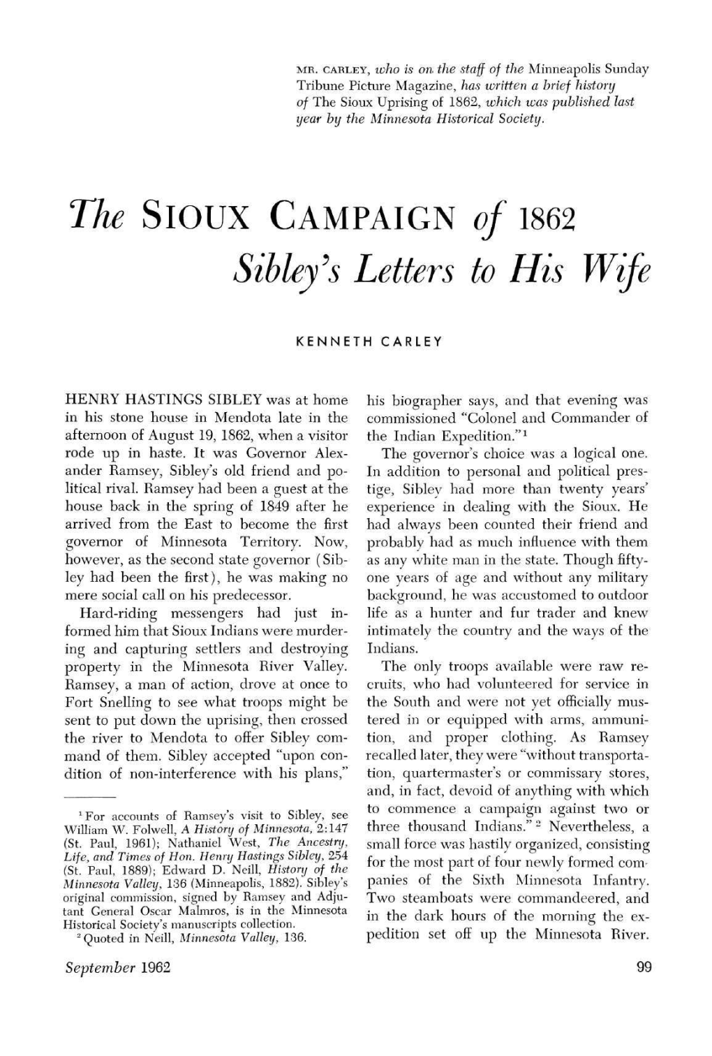 The Sioux Campaign of 1862; Sibley's Letters to His Wife