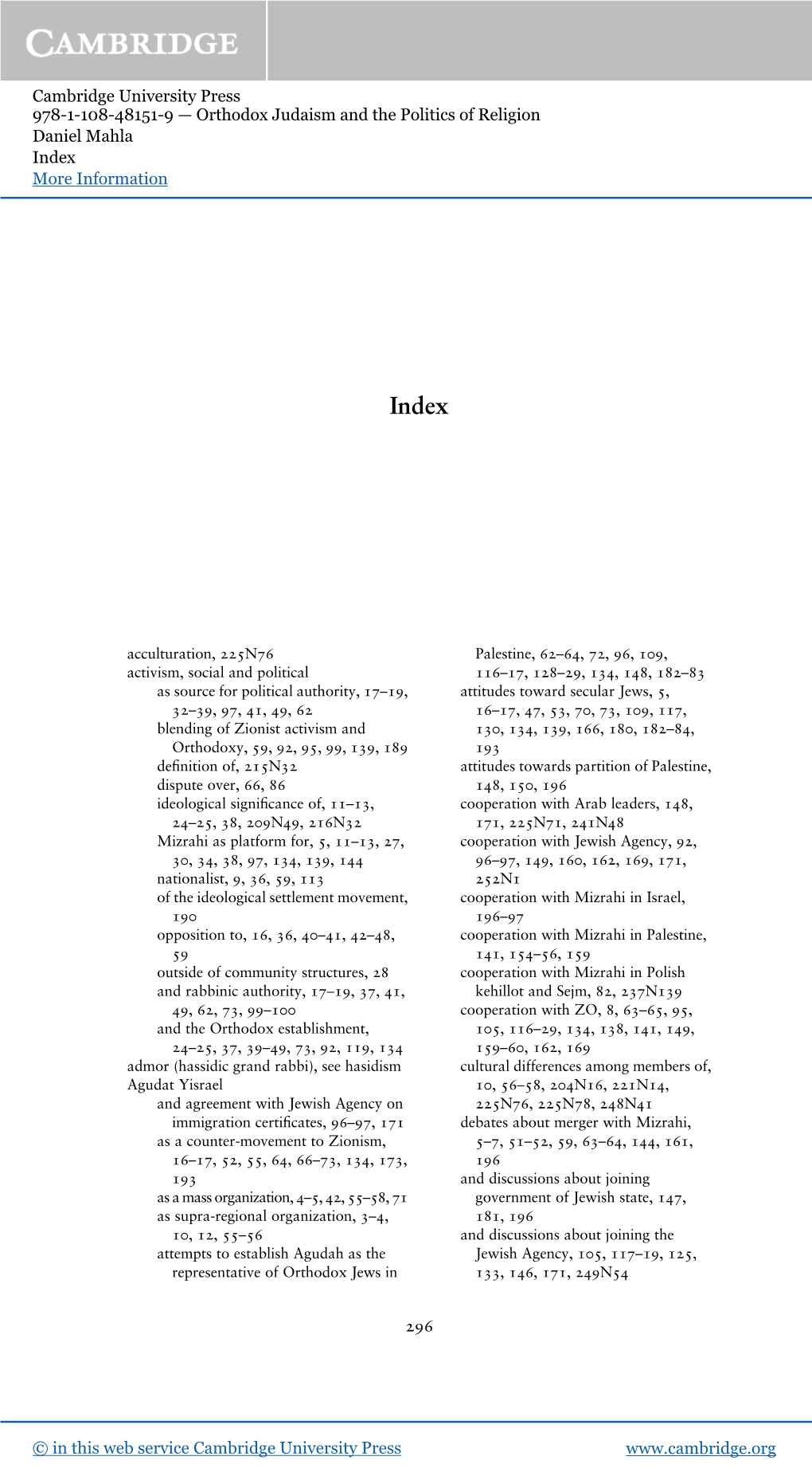 Cambridge University Press 978-1-108-48151-9 — Orthodox Judaism and the Politics of Religion Daniel Mahla Index More Information