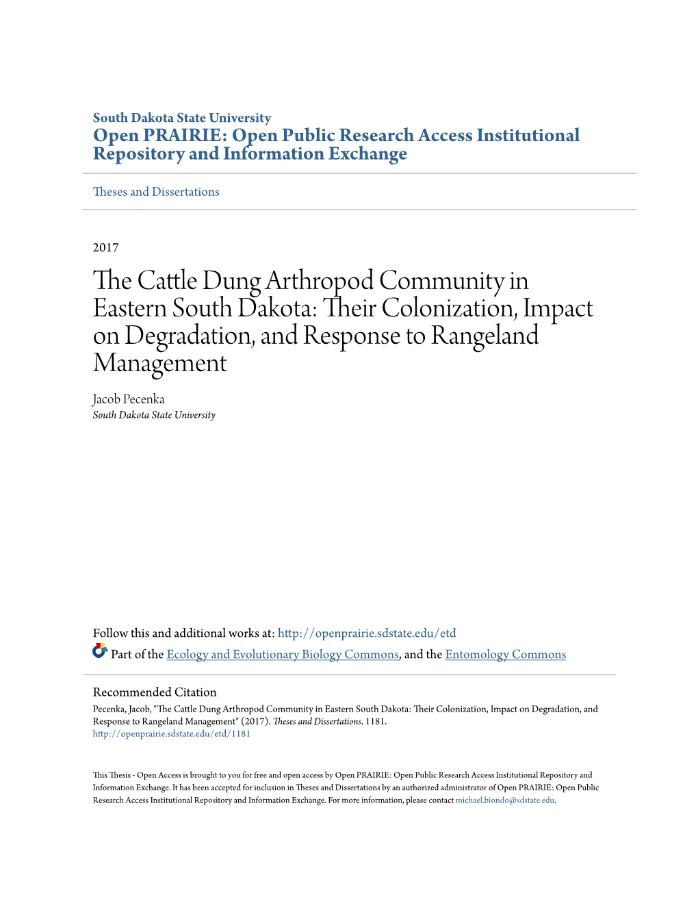 The Cattle Dung Arthropod Community in Eastern South Dakota