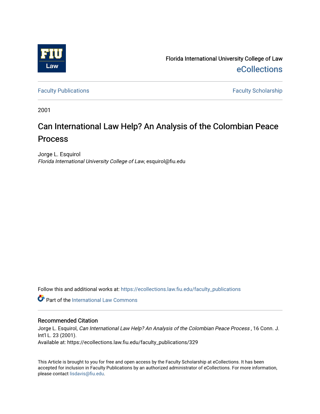 Can International Law Help? an Analysis of the Colombian Peace Process