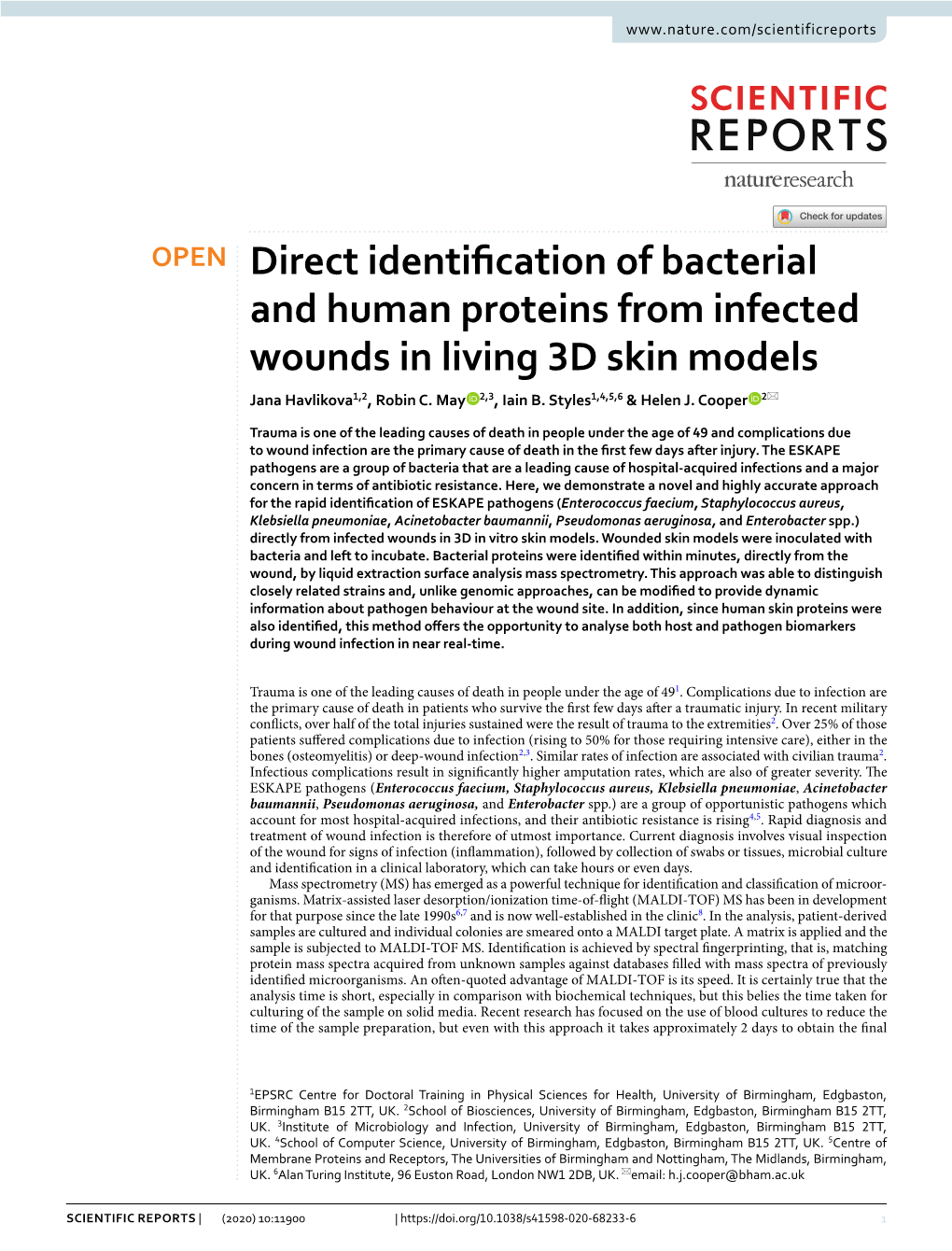 Direct Identification of Bacterial and Human Proteins from Infected Wounds in Living 3D Skin Models