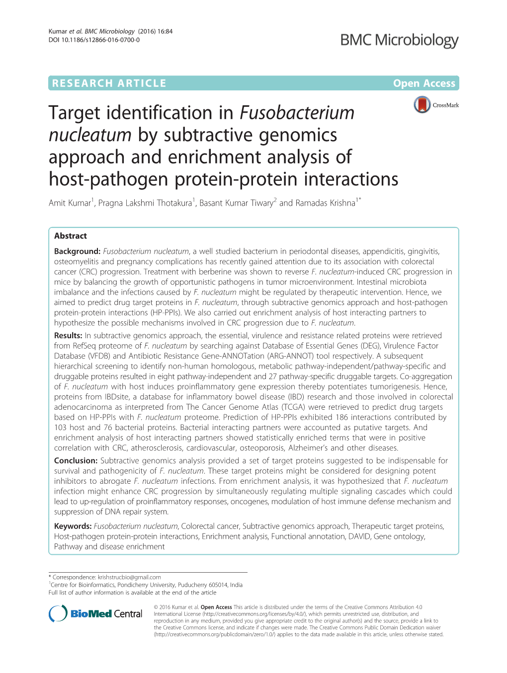 Target Identification in Fusobacterium Nucleatum by Subtractive Genomics Approach and Enrichment Analysis of Host-Pathogen Prote