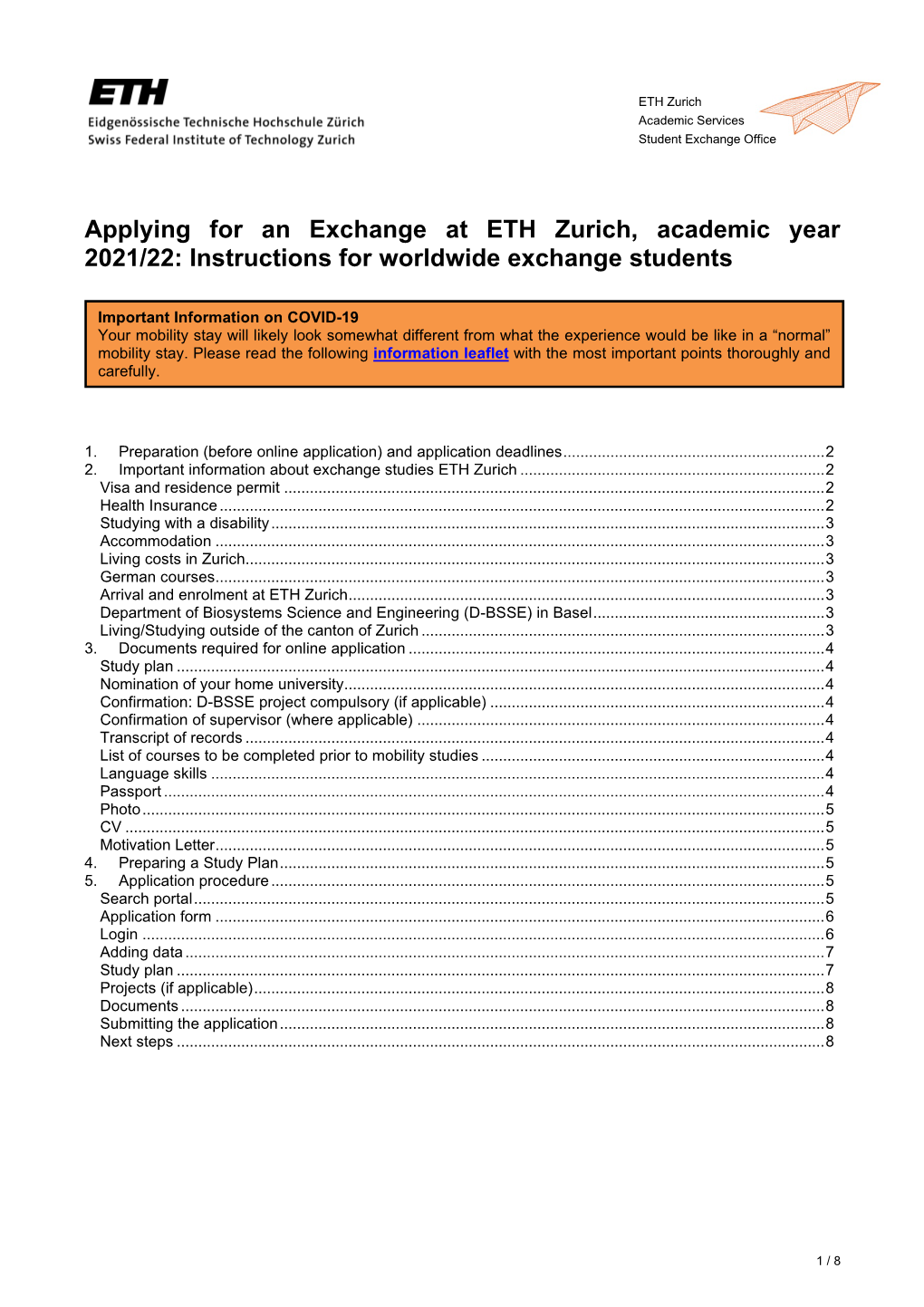 Applying for an Exchange at ETH Zurich, Academic Year 2021/22: Instructions for Worldwide Exchange Students