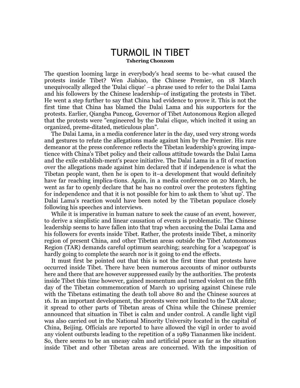 TURMOIL in TIBET Tshering Chonzom