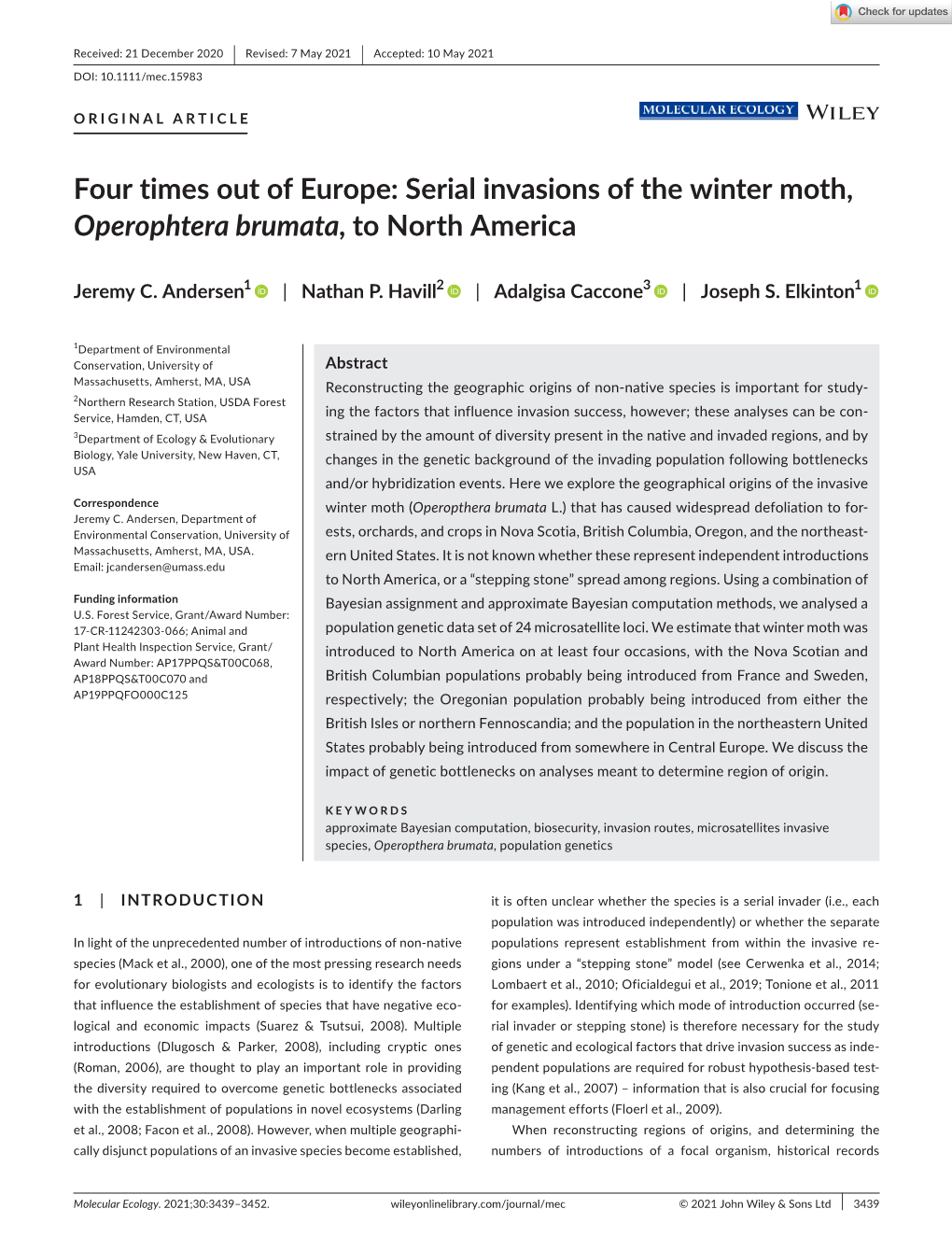 Serial Invasions of the Winter Moth, Operophtera Brumata, to North America