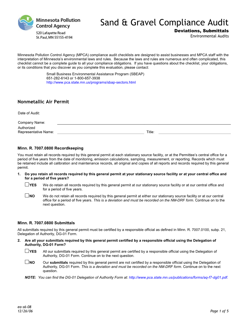 Sand and Gravel Compliance Audit - Deviations, Submittals - Environmental Audits Form