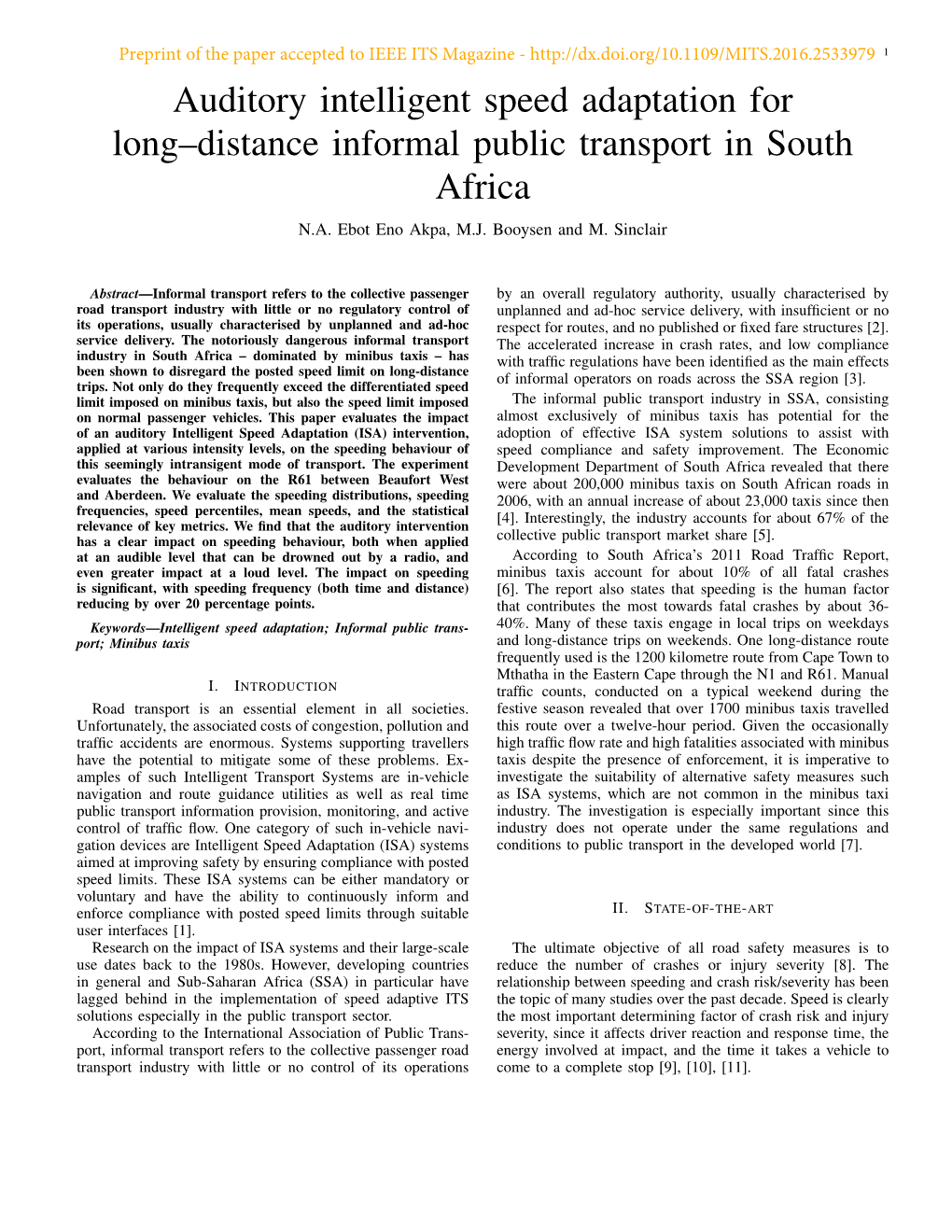 Auditory Intelligent Speed Adaptation for Long–Distance Informal Public Transport in South Africa N.A