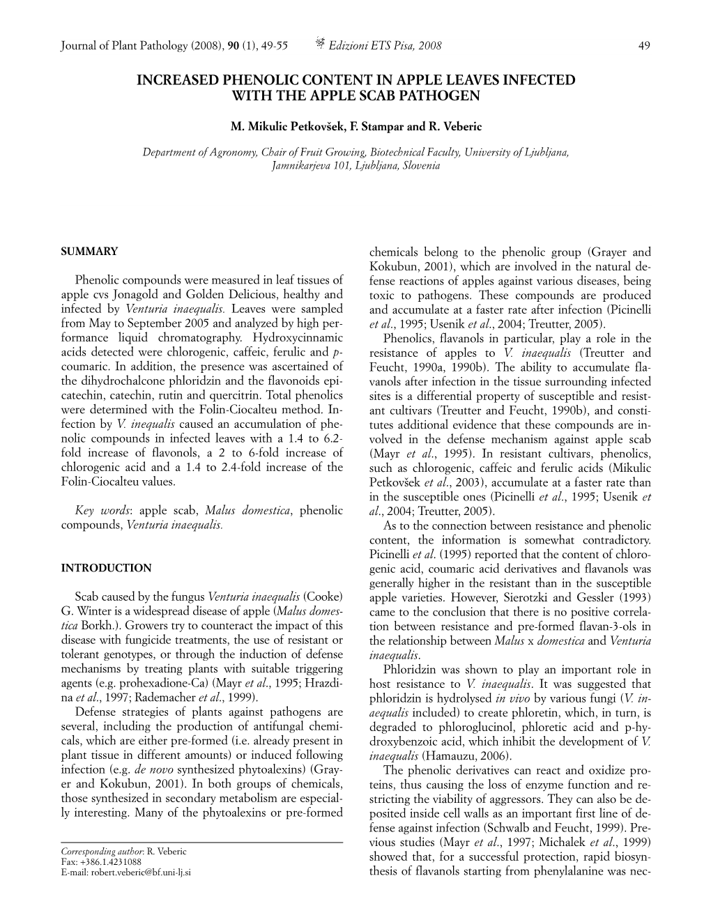 Increased Phenolic Content in Apple Leaves Infected with the Apple Scab Pathogen