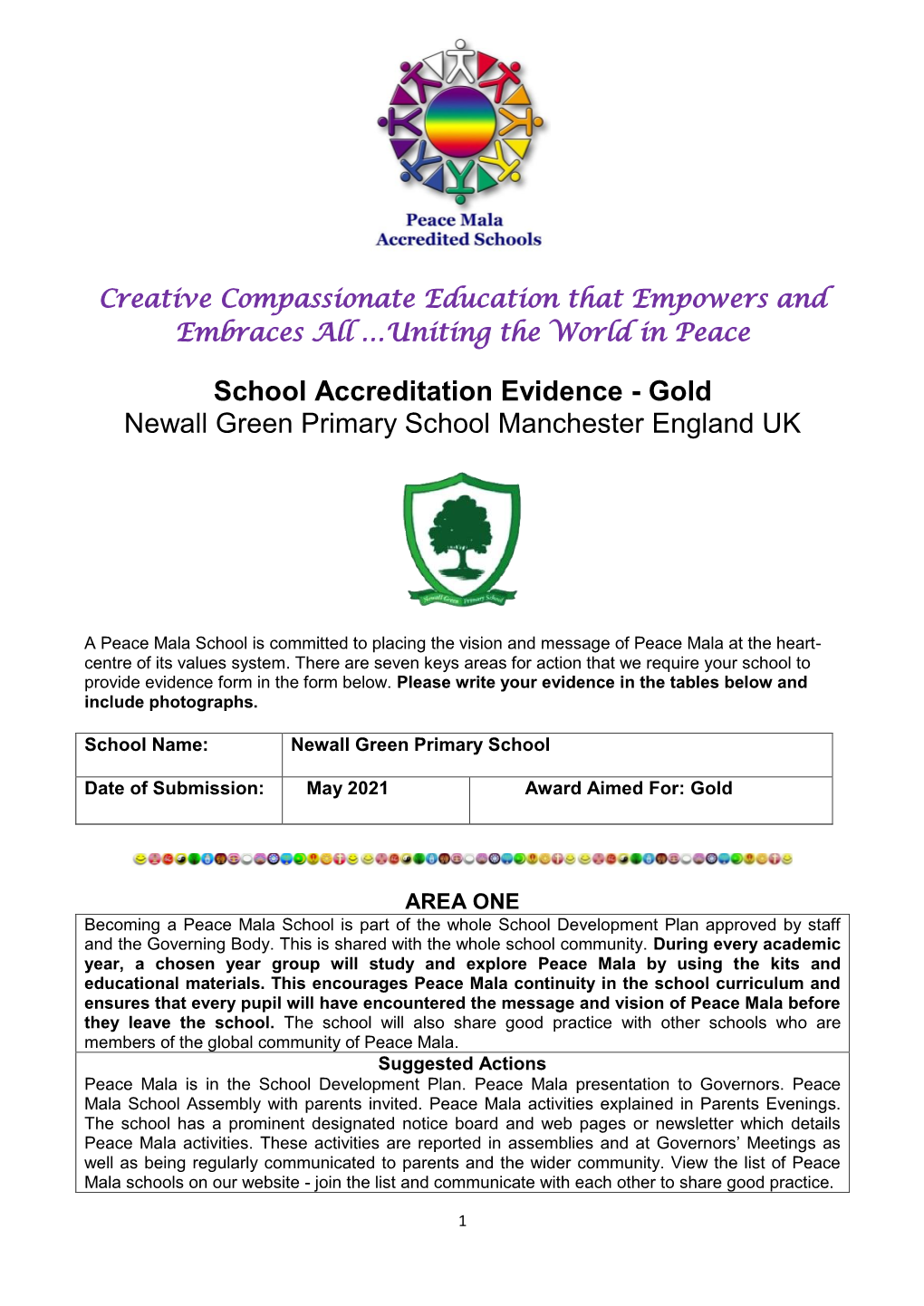 School Accreditation Evidence - Gold Newall Green Primary School Manchester England UK