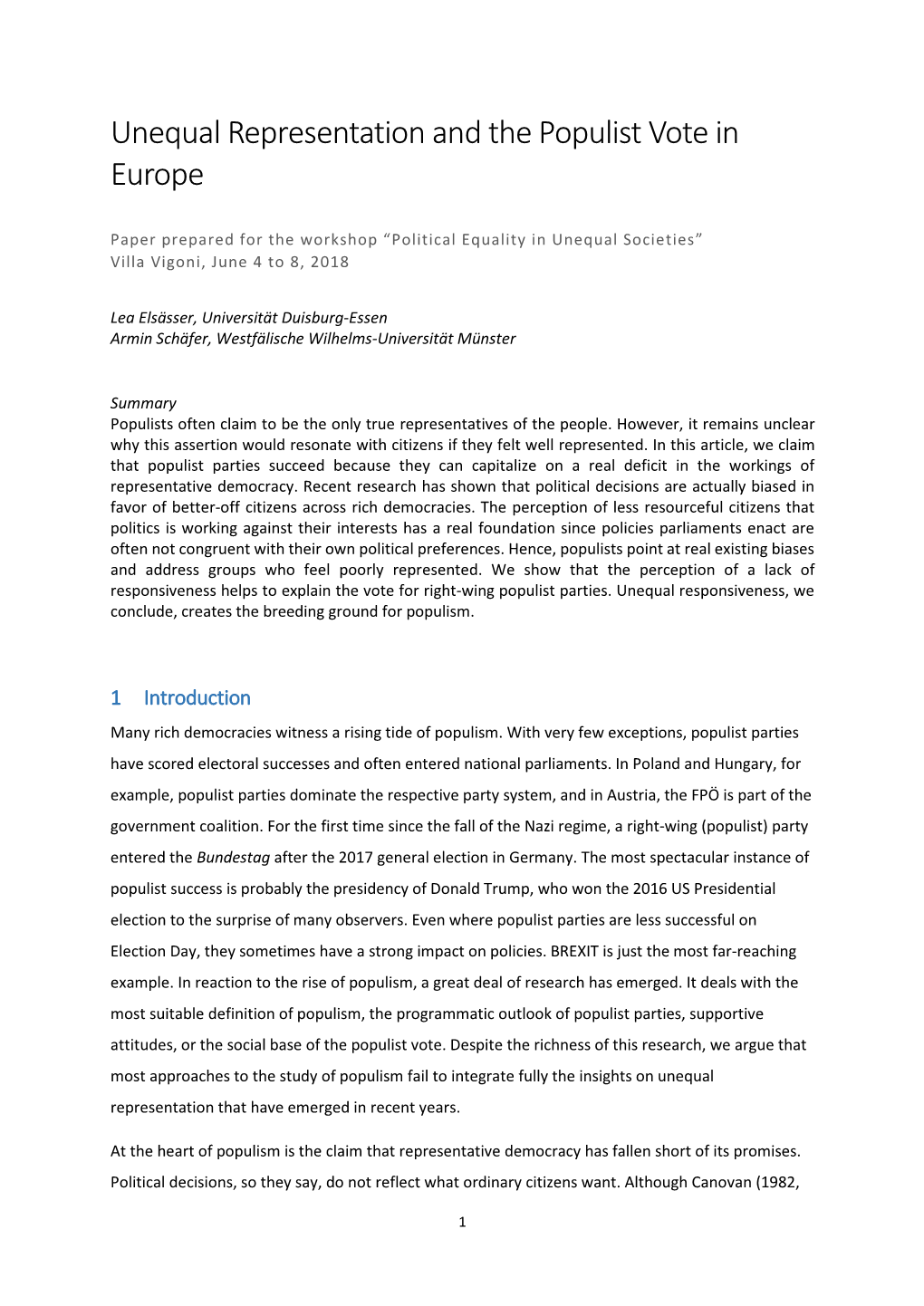 Unequal Representation and the Populist Vote in Europe