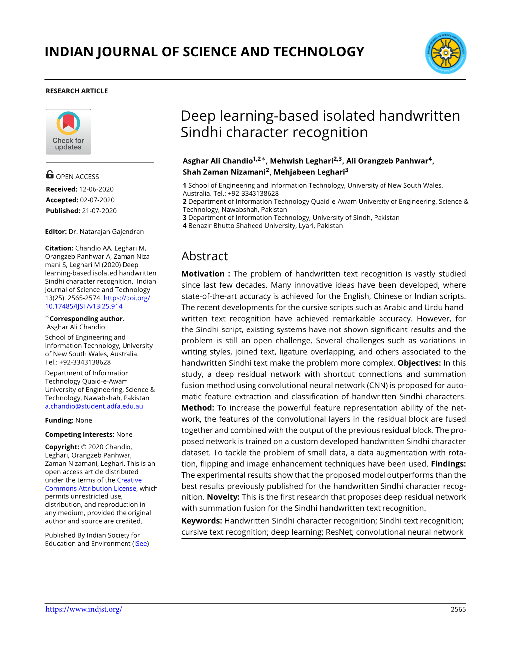 Deep Learning-Based Isolated Handwritten Sindhi Character Recognition