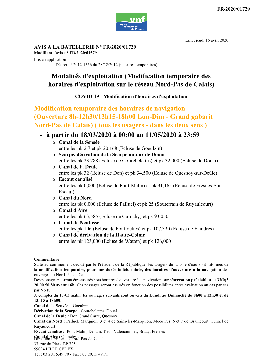 Modification Temporaire Des Horaires D'exploitation Sur Le Réseau Nord-Pas De Calais