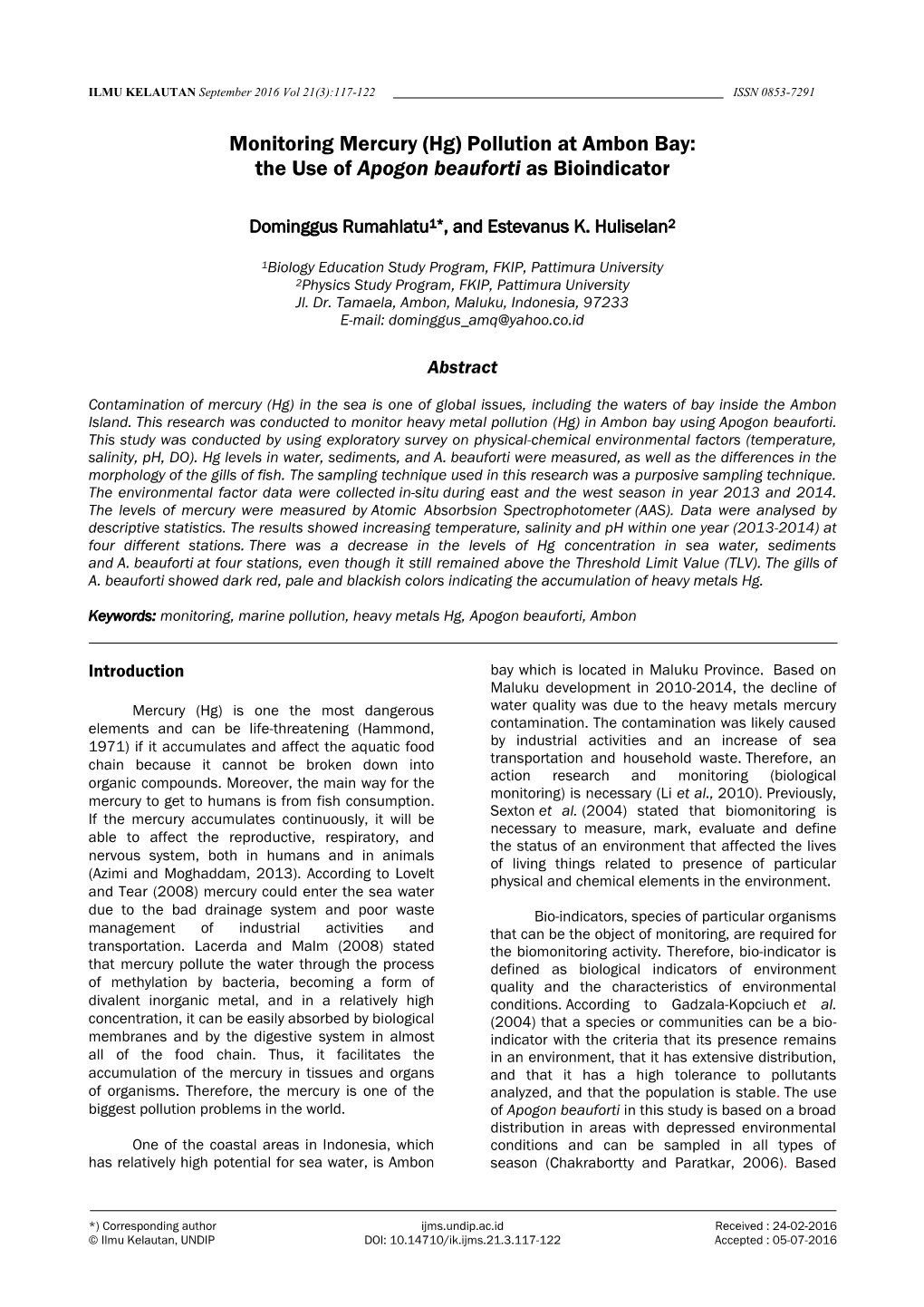 Monitoring Mercury (Hg) Pollution at Ambon Bay: the Use of Apogon Beauforti As Bioindicator