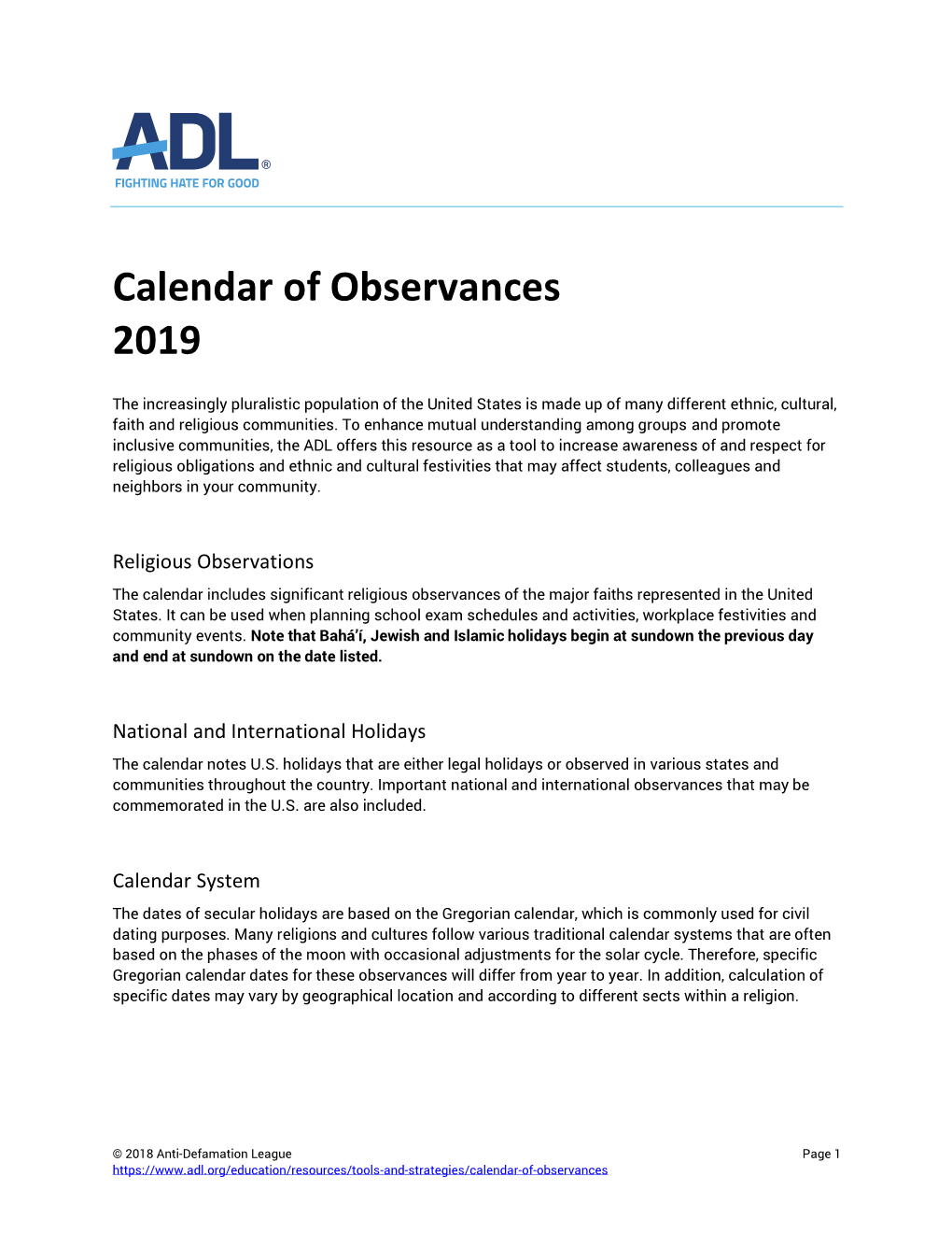 Calendar of Observances 2019