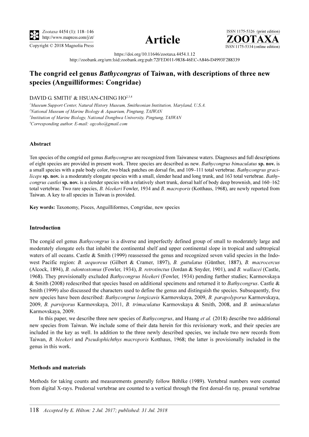 The Congrid Eel Genus Bathycongrus of Taiwan, with Descriptions of Three New Species (Anguilliformes: Congridae)