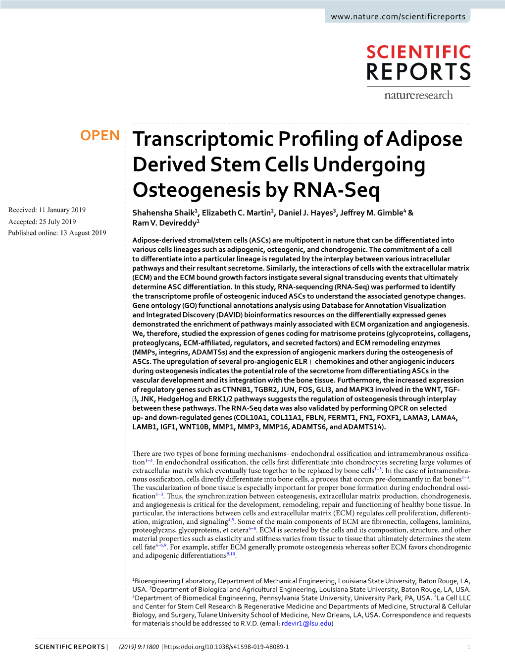 Transcriptomic Profiling of Adipose Derived Stem Cells Undergoing
