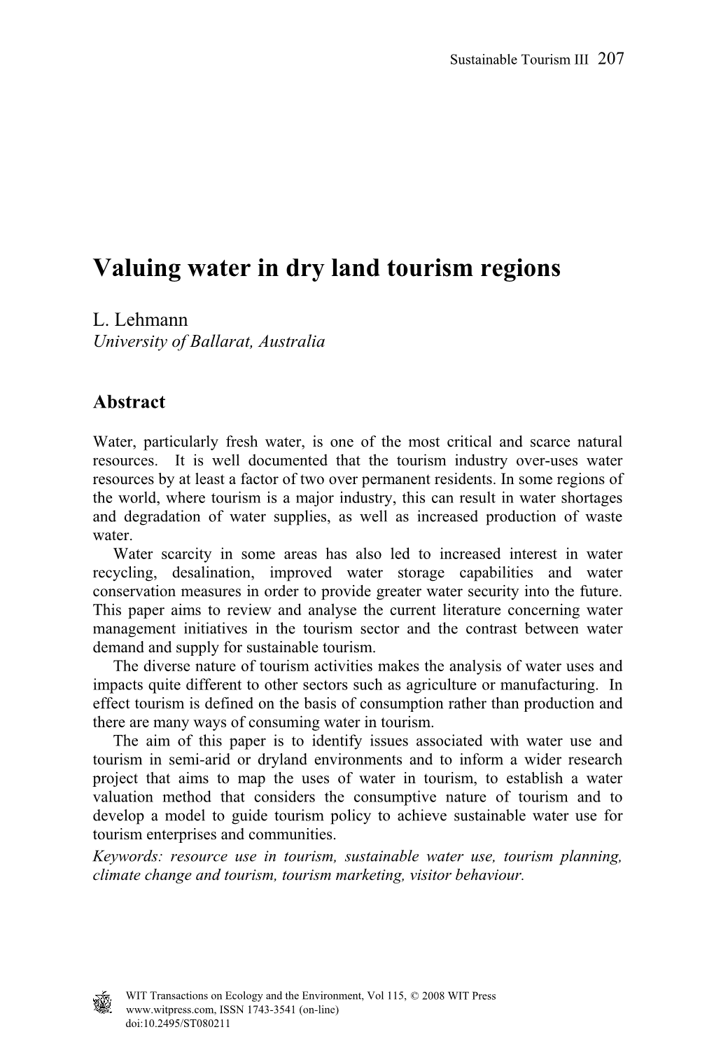 Valuing Water in Dry Land Tourism Regions