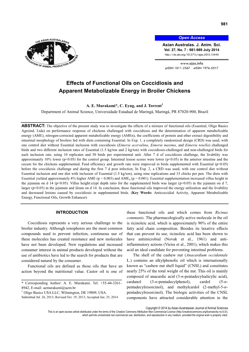 Effects of Functional Oils on Coccidiosis and Apparent Metabolizable Energy in Broiler Chickens