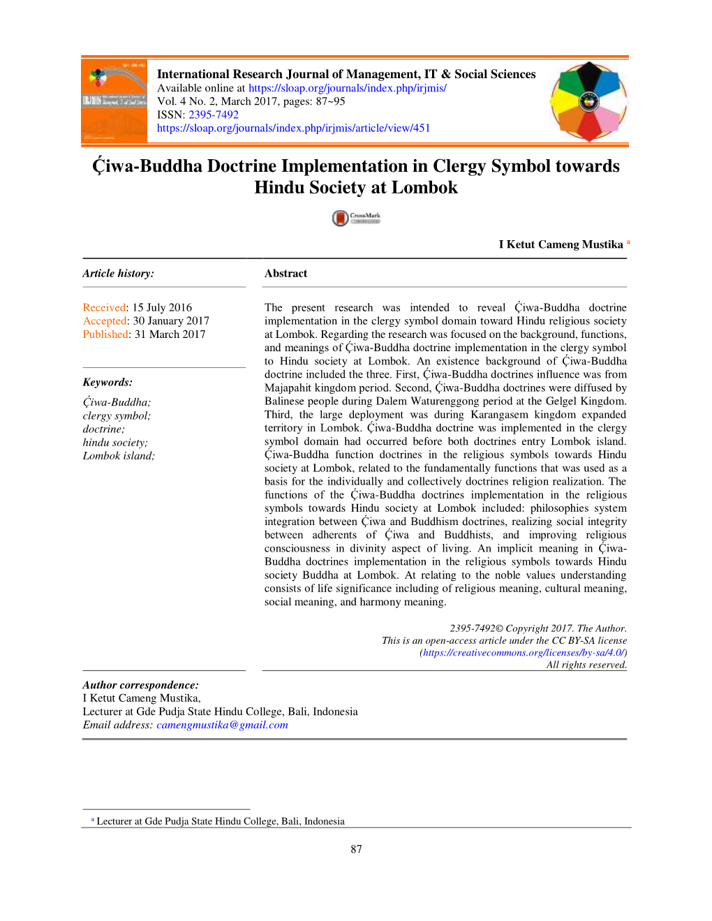 Ḉiwa-Buddha Doctrine Implementation in Clergy Symbol Towards Hindu Society at Lombok