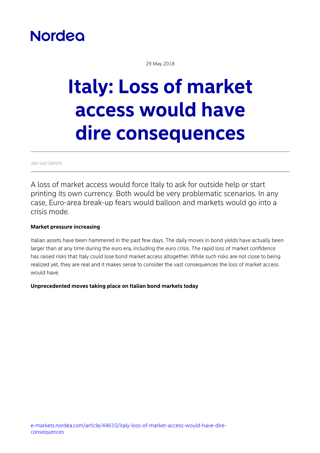 Italy: Loss of Market Access Would Have Dire Consequences