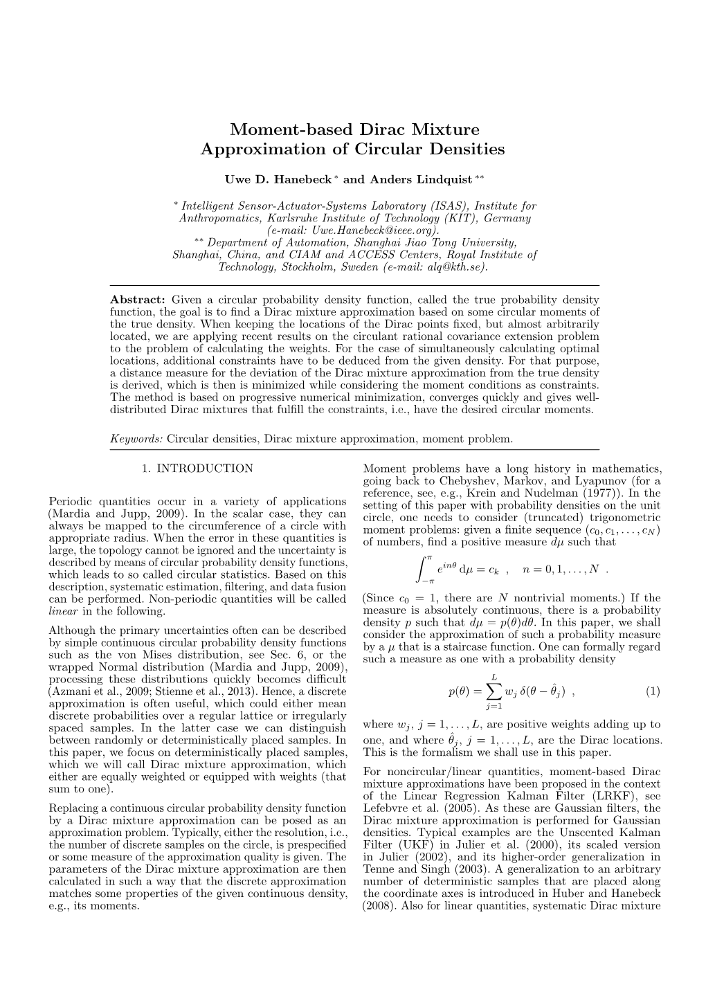 Moment-Based Dirac Mixture Approximation of Circular Densities