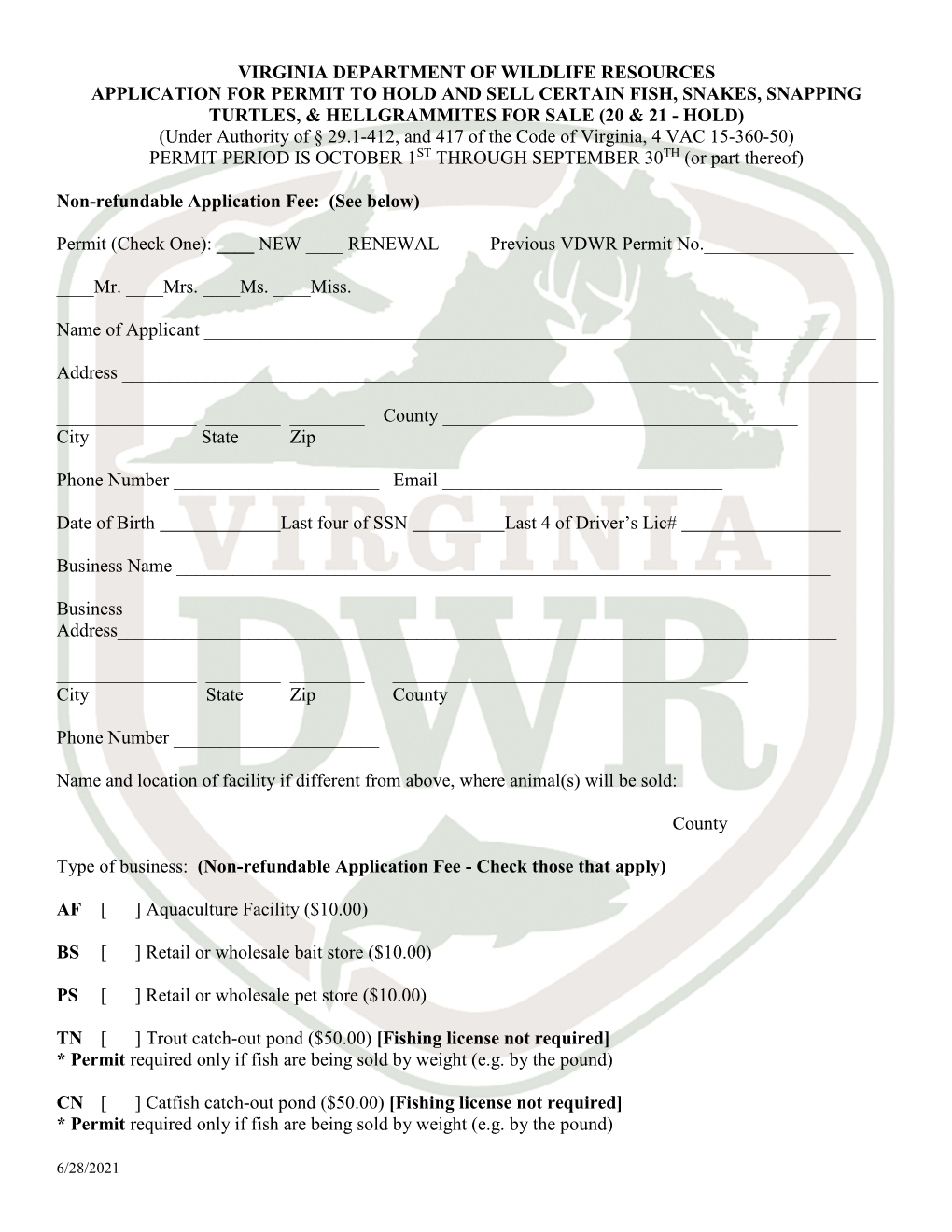 Hold and Sell Certain Fish, Snakes, Snapping Turtles, and Hellgrammites Permit Conditions