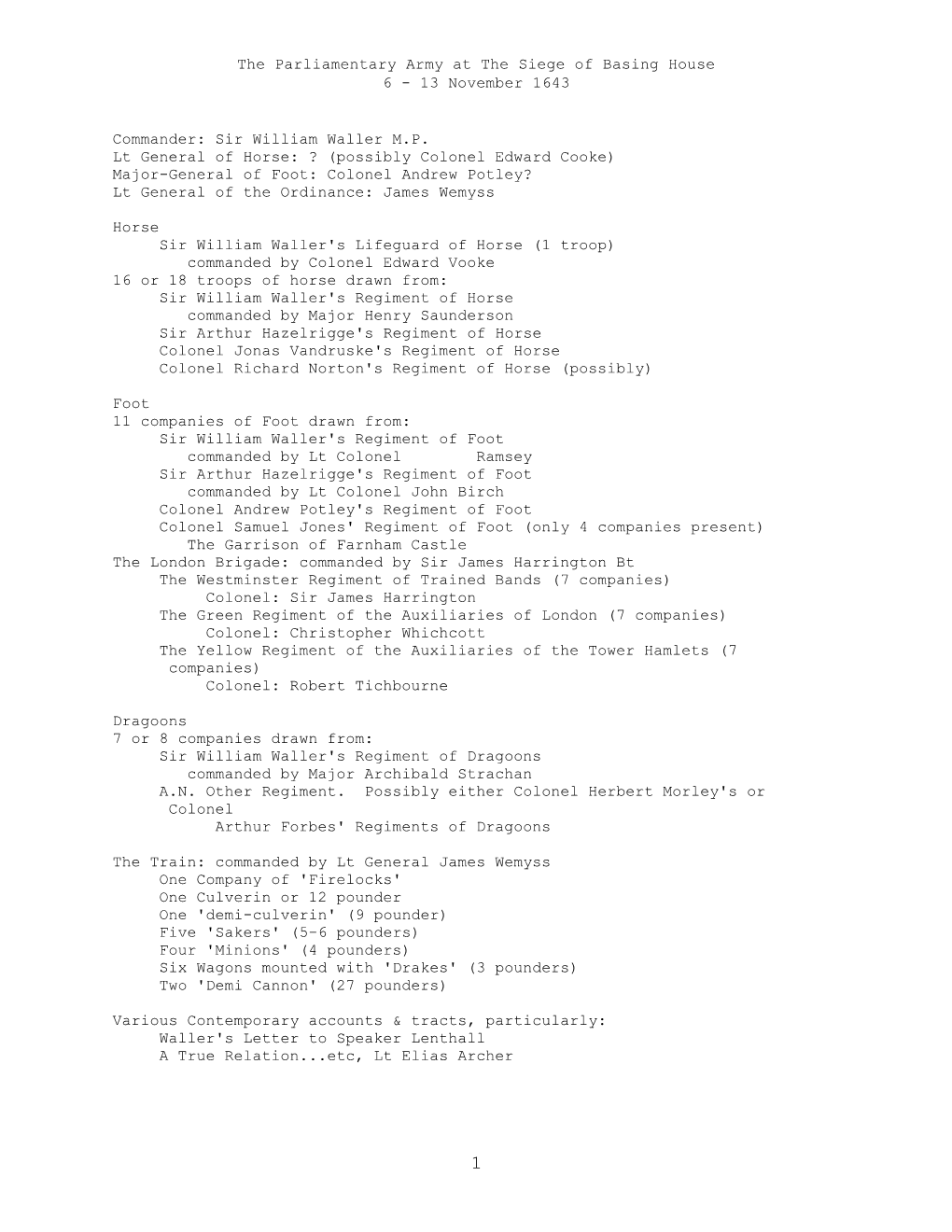 The Parliamentary Army at the Siege of Basing House 6 - 13 November 1643