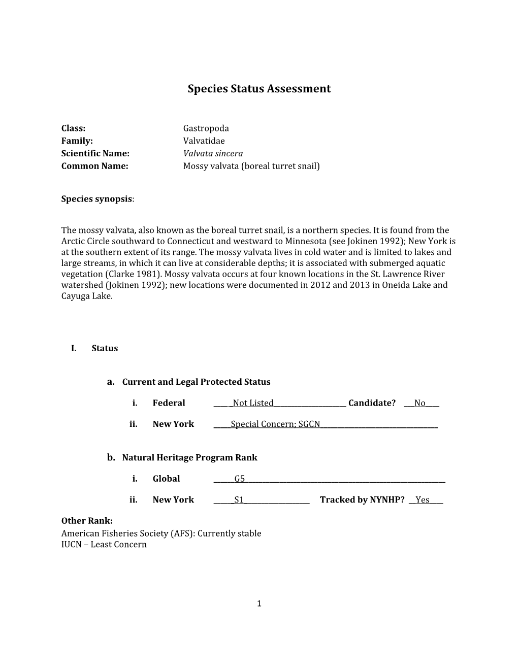 Species Assessment for Mossy Valvata