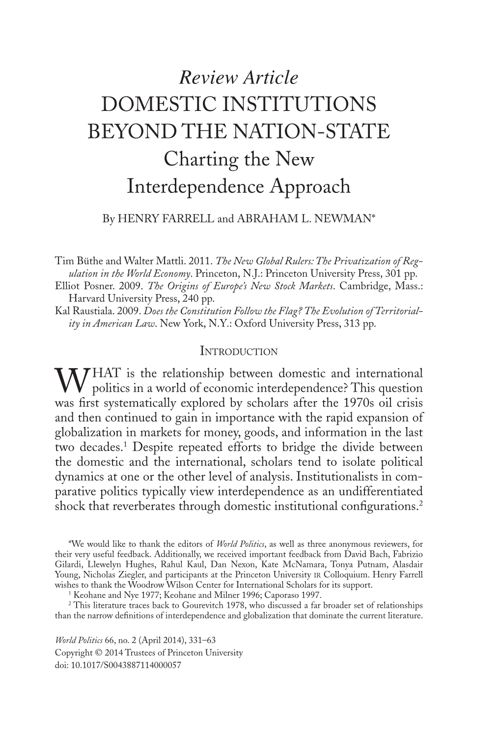 Review Article Domestic Institutions Beyond the Nation-State Charting the New Interdependence Approach